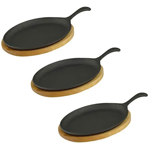 GVK ECO Servierpfanne mit Holzuntersetzer oval 24 x17 x 2cm Gusseisen 3 Stück im Set