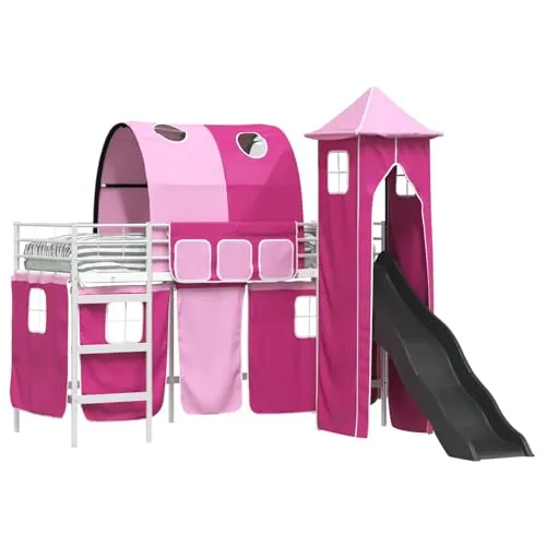 vidaXL Kinderloftbett Weiß und Rosa 90 x 190 cm Metall, Hochbett für Kinder, rechteckig, modernes multifunktionales Bett, Schlaf- und Spielplattform für Kinder, Etagenbettrahmen