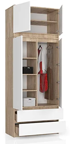 BDW Kleiderschrank mit 4 Türen, 4 Einlegeböden, Kleiderbügel, 2 Schubladen - Aufbewahrungsschrank - Moderner Schrank für das Schlafzimmer Wohnzimmer Diele - 234x90x51cm - Eiche Sonoma/Weiß