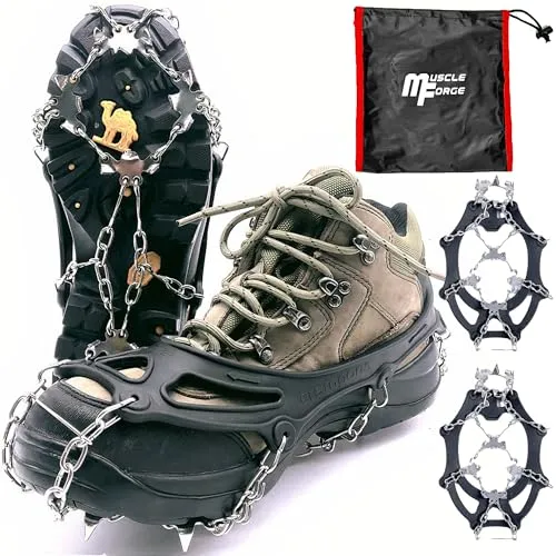 MuscleForge Steigeisen für Wanderschuhe – 19 Edelstahlzacken Anti-Rutsch Schuhspikes Grödeln aus TPE für Schnee & EIS, rutschfeste Steigeisen für Wandern, Trekking & Bergsteigen – Größe XL (44–47)