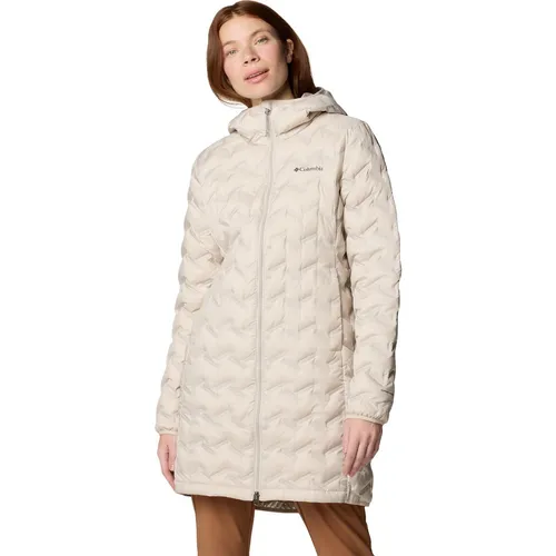 Columbia Delta Ridge™ II Long Mantel Beige M für Frauen - Wetterfeste Daunenjacke für Frauen, ideal gegen Kälte mit 650er-Daunenisolierung und Omni-Heat™-Technologie für optimale Wärme und Komfort.