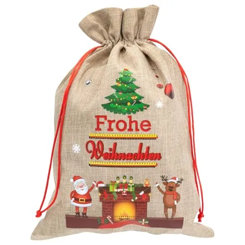 Idena Weihnachtsgeschenkesack, 30 x 40 cm | Stoffbeutel mit Weihnachtsmann- und Rentier-Motiv, „Frohe Weihnachten“, rote Kordel, 30528