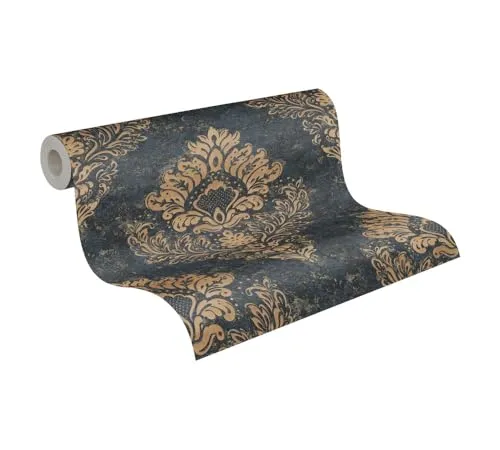 Vlies Tapete Ornamente Beige Dunkelblau Metallic 37901-2 - Elegante Vliestapete im Barock-Stil, glänzend und vinylbeschichtet, ideal für stilvolle Wohnräume. Perfekt für Arbeitszimmer und Wohnzimmer.