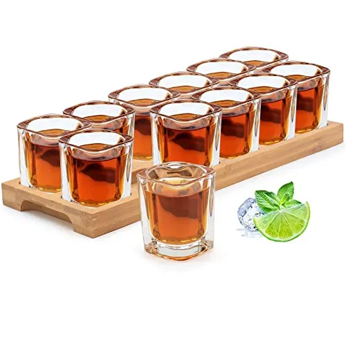 SuproBarware Schnapsglas-Set, 60 ml, Cocktail-Halter und Schnapsglas, Getränke, Servierbrett-Organizer, 12 Löcher mit klarem Kristallglas, 12 Stück für Liköraufnahmen, Whisky, Brandy