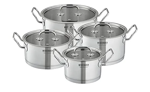 MEISTERKOCH 4-teiliges Topfset aus Edelstahl, Induktion, Spülmaschinengeeignet | mit modernen flachen Glasdeckeln, Topf mit Innenskalierung, Kaltgriffe, Abgießrand, lange Wärmespeicherung