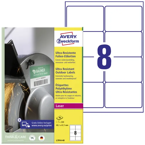 AVERY Zweckform L7914-40 Strapazierfähige Folienetiketten - Universal-Aufkleber mit 320 ultraresistenten, selbstklebenden Etiketten, ideal für schwierige Oberflächen und extremen Bedingungen – perfekt für Innen- und Außenanwendungen.