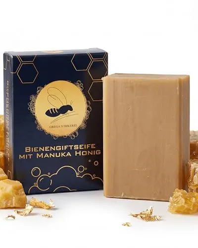 Bienengift Seife mit Manuka Honig von Gregas Imkerei - Naturseife 100 g ohne Parfüm, gesiedet in Deutschland. mit Bienengift & echten Manuka Honig palmölfrei & plastikfrei (100 g (1 er Pack)