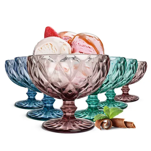 Bunte Eisbecher 300ml - Set mit 6 eleganten Dessertgläsern - Gläser & Glaswaren - Mehrfarbige Eisbecher aus Glas, ideal für Cocktails und Desserts, spülmaschinenfest und gefrierschrankgeeignet.