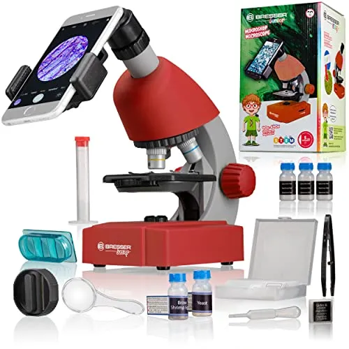 Bresser Mikroskop Junior, rot, 40x-640x - Mikroskop für Kinder mit dimmbarer LED-Beleuchtung und Smartphone-Adapter, ideal für den Einstieg in die Mikroskopie. Umfangreiches Zubehör für spannende Entdeckungen!