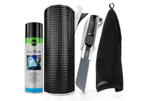 HASKYY Cuttermesser Alubutyl Schwarz 2qm Reinigungs- und Montageset - Cutter Set mit 4 Teilen, ideal für Renovierungsarbeiten und kreative Projekte. Enthält geruchsneutrale Alubutylmatte, präzises Cuttermesser und effektiven Zitrusreiniger.