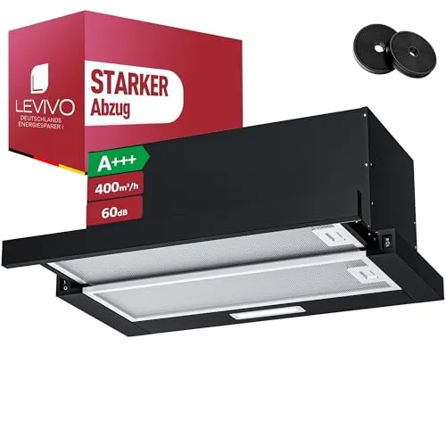 LEVIVO A+++ Flachschirmhaube 60cm - Effiziente Dunstabzugshaube mit 400 m³/h - Die LEVIVO Flachschirmhaube 60cm sorgt mit 400 m³/h für frische Luft in Ihrer Küche. Mit zwei Leistungsstufen, LED-Beleuchtung und einem durchdachten Filtersystem ist sie die ideale Küchenhilfe für ein angenehmes Kochklima.