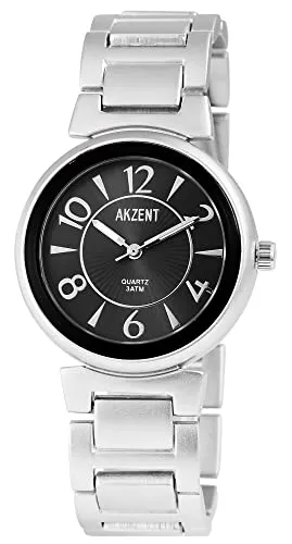 Akzent Damen-Uhr analog Armbanduhr Silberfarbig rund 36mm x 9mm Metallarmband Silberfarbig 19cm x 22mm Faltschließe und Ziffernblatt in anthrazit