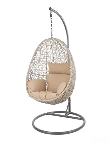 Kideo Swing Chair Indoor & Outdoor, Hängesessel Polyrattan mit Gestell & Kissen (grau/beige) - Stylischer Hängesessel für drinnen und draußen, der mit seinen Kissen für höchsten Komfort sorgt. Ideal für entspannte Momente im Garten oder Wohnzimmer. Hohe Belastbarkeit von bis zu 120 kg.