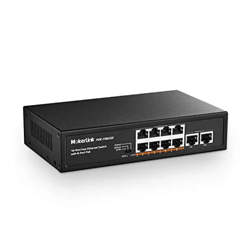 MokerLink 10 Port PoE Switch, 8 PoE+ 100Mbps, 2 Gigabit Uplink, 96W 802.3af/at, Lüfterloses Plug & Play Ethernet Switch
