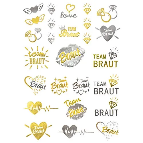 Oblique Unique® Temporäre Klebetattoos JGA Junggesellinnenabschied Tattoo Set Braut - Team Braut Hochzeit Silber Gold