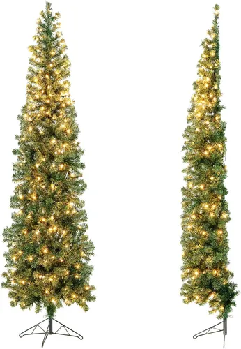 COSTWAY 210cm LED Weihnachtsbaum, platzsparender Christbaum mit 450 Zweigspitzen, 150 LED & Metallständer, schlanker Tannenbaum Kunstbaum für Innen