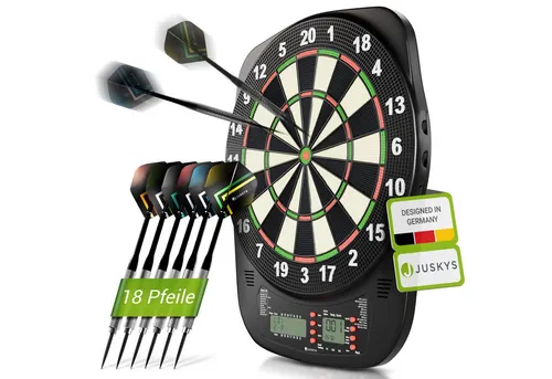 Juskys Elektronische Dartscheibe mit 32 Spielen & 359 Varianten, LCD-Display, USB-C, Pfeile & Zubehör, für bis zu 8 Spieler, Netz- & Batteriebetrieb