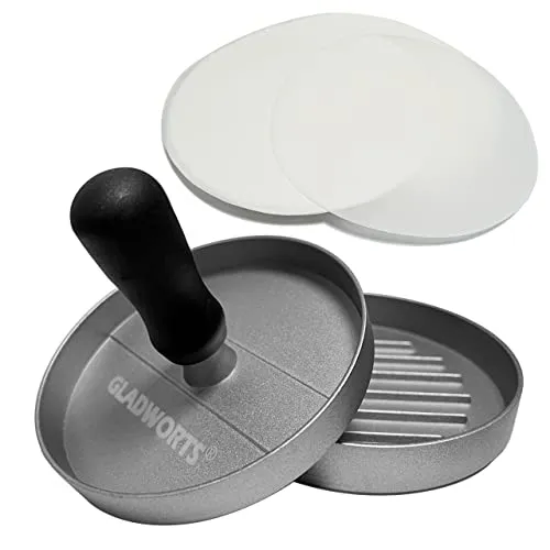 Gladworts Burgerpresse Antihaft + 100 Backpapier, Burger Pattie Presse Hamburger Patty Maker-Backform-Set für BBQ-Grill, Ø 12 cm