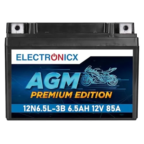 Electronicx AGM Motorradbatterie 12N6.5 L-3B – 12V 6,5Ah 85A – Starterbatterie – auslaufsicher, wartungsfrei, versiegelt, vibrationsfest, kompakt, langlebig – ideal für Roller, Motorrad, Quad und ATV