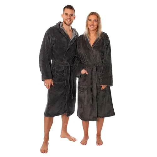 Lavea® Bademantel Damen und Herren, Unisex Morgenmantel mit Kapuze, Soft-Velour und Frottier, Bambus Baumwoll-Mischung, weich, 2 Taschen, Bindegürtel, Sauna & Wellness, XL, Anthrazit