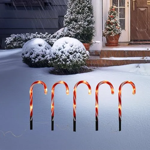 Spetebo LED Zuckerstange Leuchtstecker 39 cm mit Timer - 5er Set - Weihnachts Gartenstecker warm weiß beleuchtet Batterie betrieben - Winter Garten Deko Leuchtstecker Außen Batterie betrieben