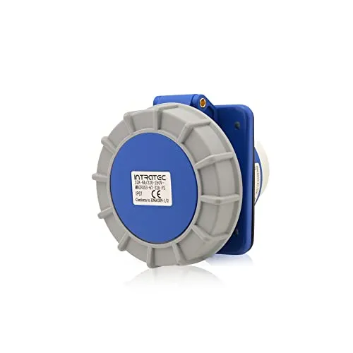 Intratec CEE Starkstrom Einbausteckdose schräg, 32 A, 3-polig – Industriestecker für Innen- und Außenbereich, Einspeisesteckdose IP67, 230 V, SB, RoHS, Reach, Blau/Grau