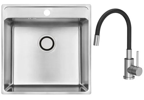 VBChome Edelstahl Einbauspüle 49x48x21 cm – Gebürsteter Stahl mit Hahnloch | Küchenspüle Großes Becken mit Siphon & Schwarzer Armatur mit flexiblem Auslauf | Modernes Design