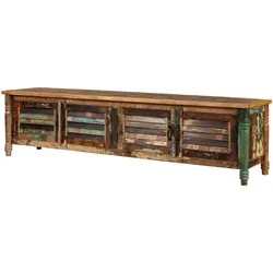TV-Board FABLE #34 aus Altholz 220x50x55 - Stylisches TV-Board aus recyceltem Altholz mit gedrechselten Füßen. Praktischer Stauraum hinter Lamellentüren und raffinierter Schließmechanismus für eine besondere Note. Entdecke die gesamte FABLE-Serie!