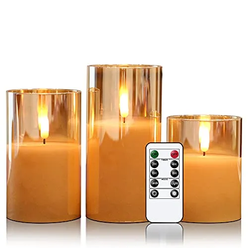 Eldnacele LED Kerzen mit Timerfunktion, flammenlose Kerzen mit Fernbedienung, elektrische Echtwachskerzen im Glas, flackernde Flamme 3-teilige led Kerzen-Set, Art Zimmer Deko, Gold