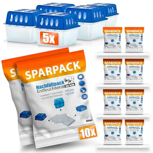 BigDean 5 Stück Luftentfeuchter + 10 Nachfüllpacks 400g – Raumentfeuchter nachfüllbar + wiederverwendbar – Entfeuchter ohne Strom
