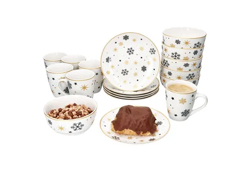MamboCat Frühstücks-Geschirrset 18tlg - Stars schwarz gold - Geschirr-Frühstückssets, festliches Design mit robustem Steingut, spülmaschinen- und mikrowellengeeignet, ideal für 6 Personen.