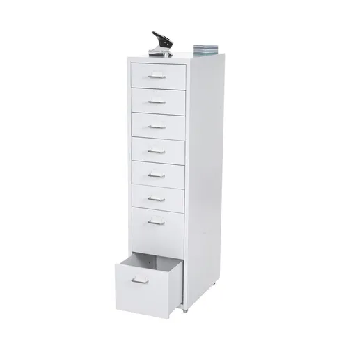 MCW Rollcontainer Weiß, Metall 28x110x41 cm - Büroschränke mit 8 geräumigen Schubladen und Vollauszug. Ideal zur Aufbewahrung von Büroutensilien, ausgestattet mit praktischen Laufrollen für einfache Mobilität.