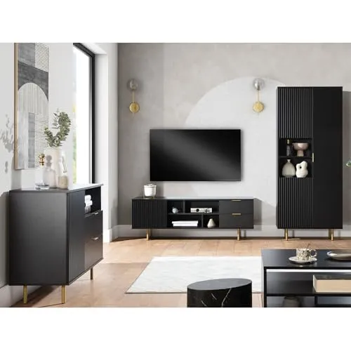 Lomadox Wohnmöbel Set 3-teilig in matt schwarz - Modernes Wohnzimmerset mit eleganter Rillenoptik und goldfarbenen Metallgriffen, inklusive Kommode, Lowboard und Vitrine. Softclose-Funktion für komfortables Öffnen und Schließen.