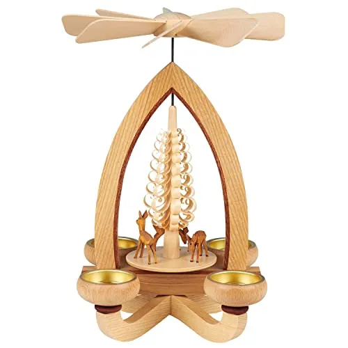 Seiffener Volkskunst | Erzgebirgische Teelichtpyramide klassisch | 28 cm Weihnachtspyramide | traditionelle Volkskunst aus dem Erzgebirge | Rehe