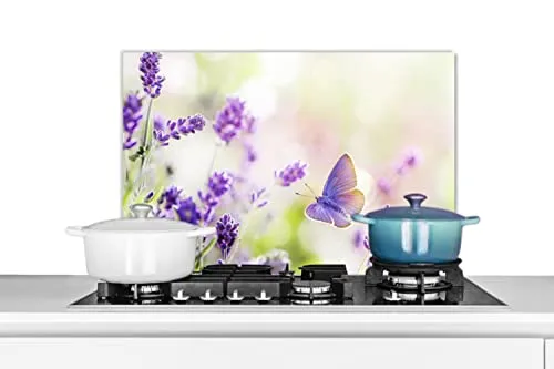 MuchoWow Spritzschutz Küche Küchenrückwand Alu Poster Bilder 70x50 cm Lavendel - Schmetterling - Blumen