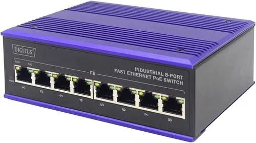 Digitus DN-650108 Industrial Ethernet Switch - Zubehör für PC, ideal für raue Umgebungen mit Temperaturbereich von -40°C bis 85°C und PoE Unterstützung für bis zu 30 W pro Port.