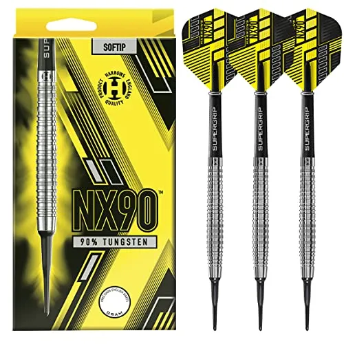Harrows NX90 Darts-Set I Profi-Dartpfeile, 90% Wolfram, weiche Spitze, 18 g und 20 g, Pro-Darts I 10-teiliges Set mit schwarzen Supergrip-Midi-Schäften und NX90-Flights (20 Grams) (Tapered 18g)