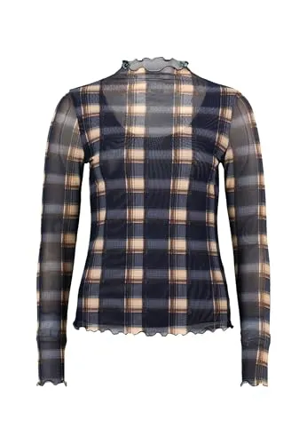 zero Damen Mesh Langarmshirt mit Druck 40, Dark BlueBeige - Damenblusen, figurbetontes Design mit kariertem Muster und langem Arm für einen modischen Look.