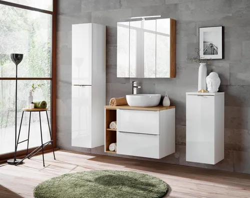 Design Badezimmer Möbel Set 5 tlg. mit Beleuchtung - Modernes 5-teiliges Badezimmermöbel-Set aus Holz mit Hängeschrank, Hochschrank, Regal, Spiegelschrank und Waschtisch. Ideal für stilvolle Bäder, inklusive praktischer Beleuchtung und Schubfächern.