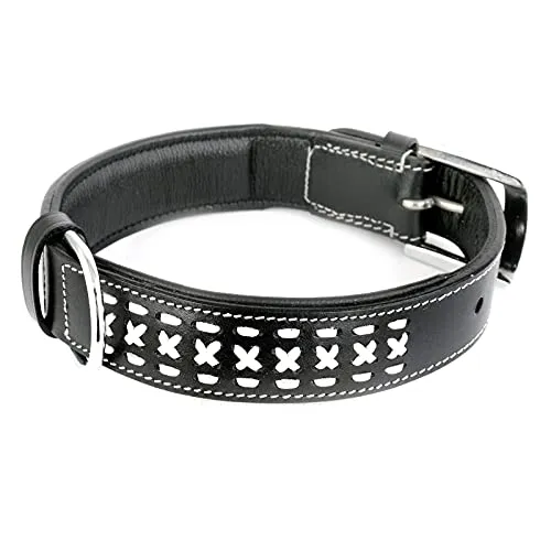 MONKIMAU Hundehalsband aus echtem Leder - Verstellbar & Gepolstert (XS-S: 20mm x 40cm) - Hochwertiges, handgefertigtes Hundehalsband aus schwarzem Leder mit eleganter Zierflechtung. 3-fach verstellbar, ideal für kleine Hunde. Sicherheit und Stil vereint für ein tolles Hundeerlebnis.