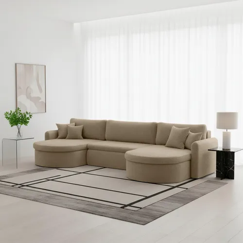 Fun Möbel Wohnlandschaft Sofa FELIZ mit Schlaffunktion und Bettkasten - Moderne Wohnlandschaft in Beige mit Schlaffunktion, ideal für gemütliche Abende. Inkl. praktischen Bettkasten und Zierkissen für zusätzlichen Komfort.