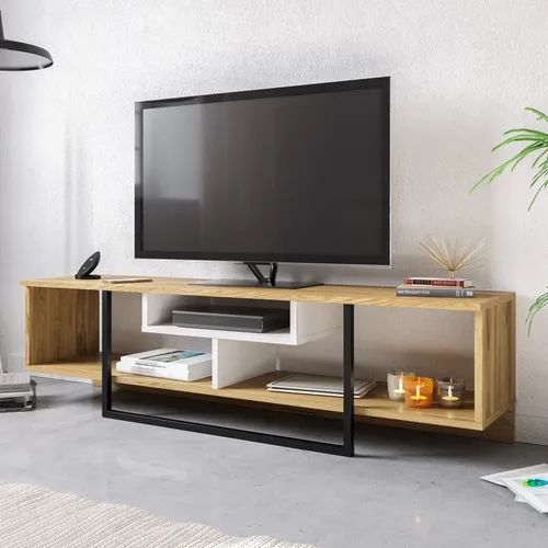 Skye Decor Asal Fernsehtisch - Modern in Weiß, Eiche und Schwarz - Stylischer TV-Ständer aus 100% melaminharzbeschichteten Spanplatten. Mit großzügigem Stauraum und modernem Design, ideal für jedes Wohnzimmer. Stabil und langlebig, perfekt für Familien.