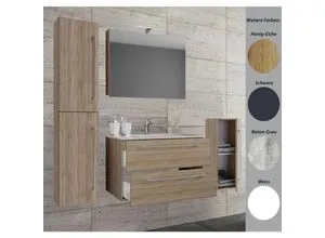 VCM 5-tlg. Badmöbel Set – Badinos - Komplettes Badmöbel-Set mit hängendem Unterschrank, zwei Schubladen, Keramik-Waschbecken und Spiegelschrank, ideal für moderne Badezimmer.