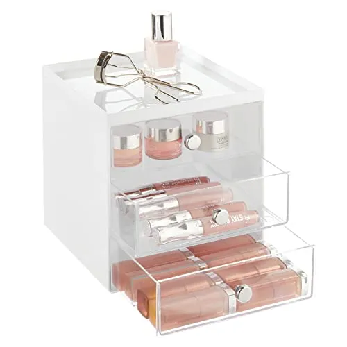 mDesign Make-up Organizer – Schminkaufbewahrung mit 3 Schubladen für Lidschatten, Lippenstift & Co. – Kosmetikbox aus Kunststoff fürs Badezimmer – weiß/durchsichtig