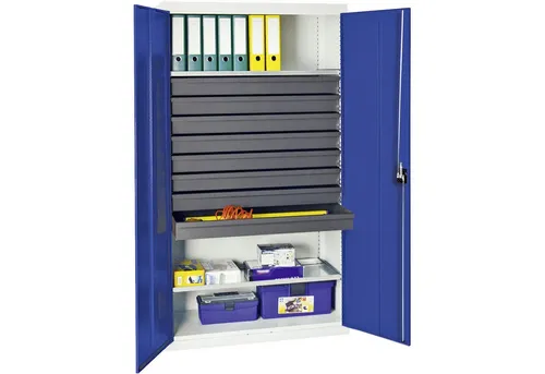 Stumpf Werkzeug- und Materialschrank Serie 3000 lichtgrau/enzianblau mit 8 Schubladen - Stabiler Werkzeugschrank mit 8 robusten Schubladen und 2 ausziehbaren Böden. Ideal für die sichere Aufbewahrung von Werkzeugen und Materialien, gefertigt aus hochwertigem Feinblech.