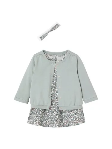 vertbaudet A-Linien-Kleid Mädchen Baby-Set: Kleid, Strickjacke & Haarband