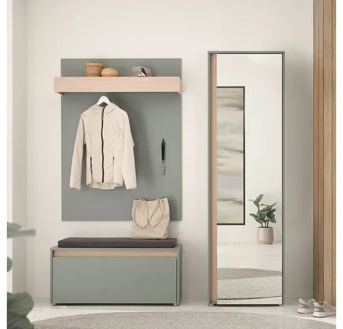 Lomadox Garderoben-Set CRISP-61, (Spar-Set, 3-St., Garderobenpaneel Schuhbank Garderobenschrank), grün mit Eiche Nb., grifflos, Spiegelfläche