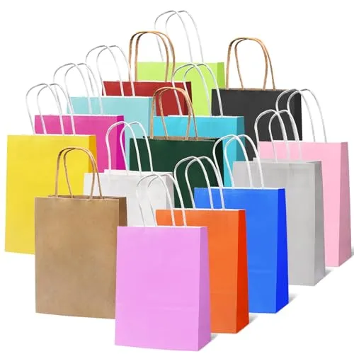 rokrist Bunte Geschenktüten mit Henkel 15 Stück Papiertüten Bunt, Bunte Kraftpapier Partytüten, für Weihnachten Partys, Hochzeiten, Geburtstag, Feiern, Süßigkeiten, DIY (21x15x8cm)