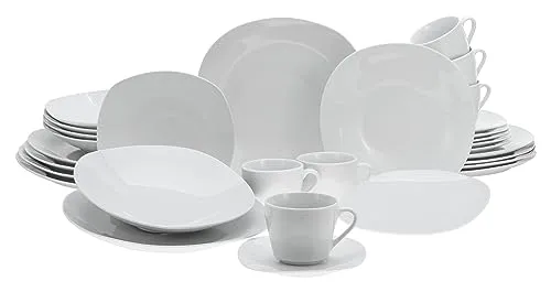 CreaTable Square Kombiservice 30-tlg (Weiß) - Komplett-Service für 6 Personen, modernes quadratisches Design aus spülmaschinen- und mikrowellengeeignetem Porzellan – ideal für den täglichen Gebrauch oder festliche Anlässe.