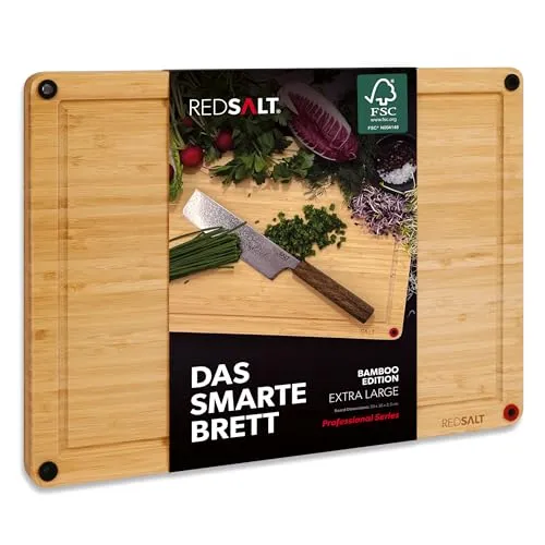 REDSALT® Bambus Holz Schneidebrett XL 50x36cm - Hackbretter mit rutschfesten Silikonfüßen und antibakterieller Oberfläche für sicheres Arbeiten. Nachhaltig aus 100% FSC-zertifiziertem Bambus, ideal für Küche und Grill.